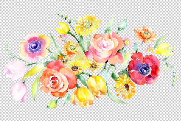 Bouquet with Roses, Tulips, and Poppies Watercolor