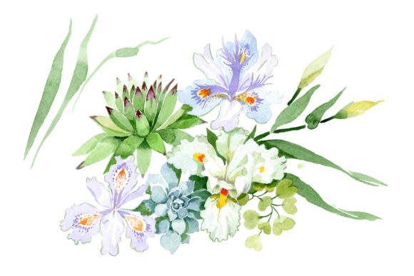 Bouquet with White Irises Watercolor Illustrations