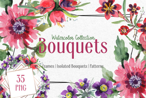 Bouquets Red Flower Bright Watercolor Png Set