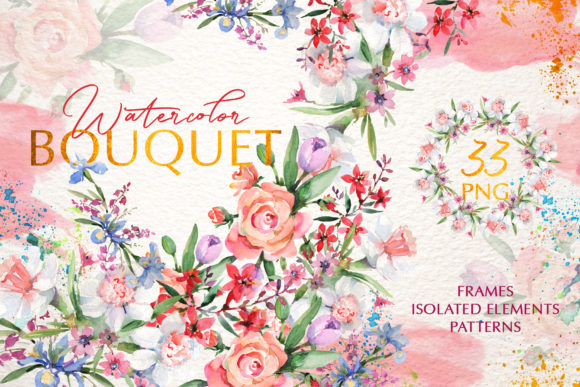 Bouquets with Roses and Narcissus Pink Watercolor Png