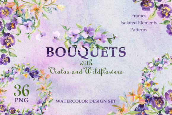 Bouquets with Violas and Wildflowers Watercolor Png