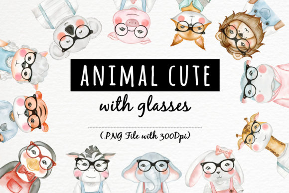 Cute Animal with Glasses Watercolor Illustrations