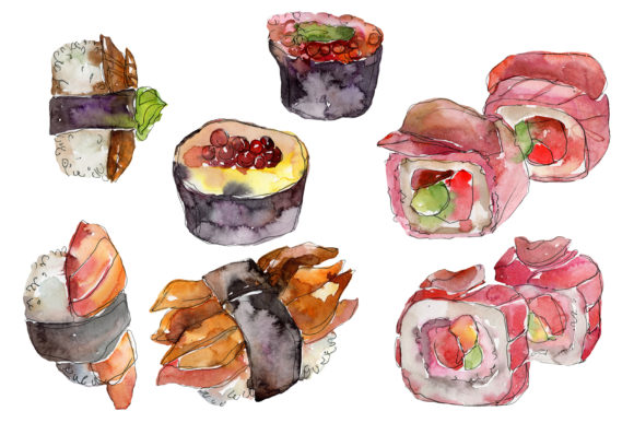 Japanese Sushi Watercolor Illustrations