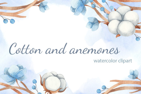 Watercolor Clipart of Cotton and Flowers