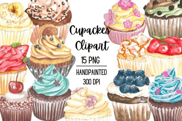 Watercolor Cupcakes, Muffins Dessert Illustrations