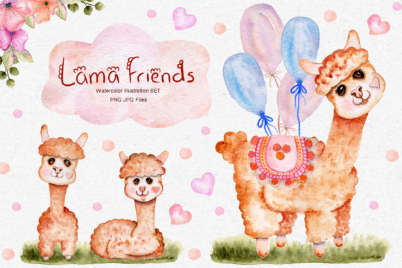 Watercolor Lama Illustration Set and Illustrations